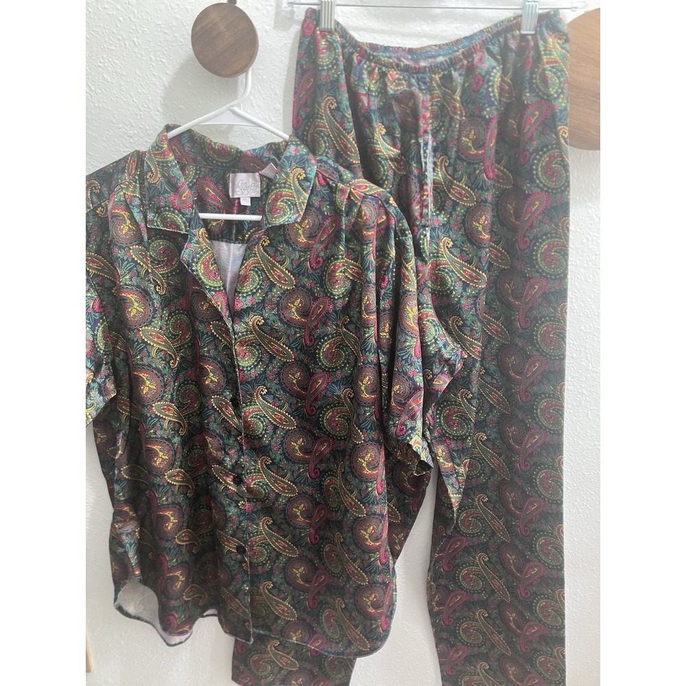 VTG Pajama Set Go Softly Womens Med Jewel Tones Paisley Print Silky Satin FLAW